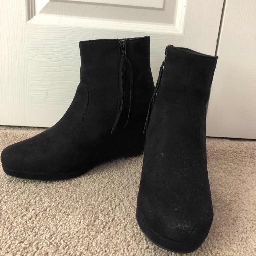 Black “suede” wedge booties